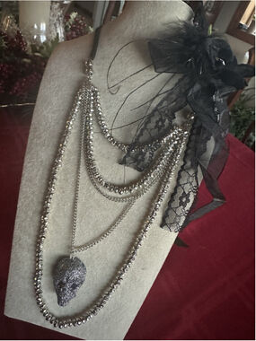 Vintage Glam Gothic Skull Black Rose Lace Multi Strand Silver Statement Necklace